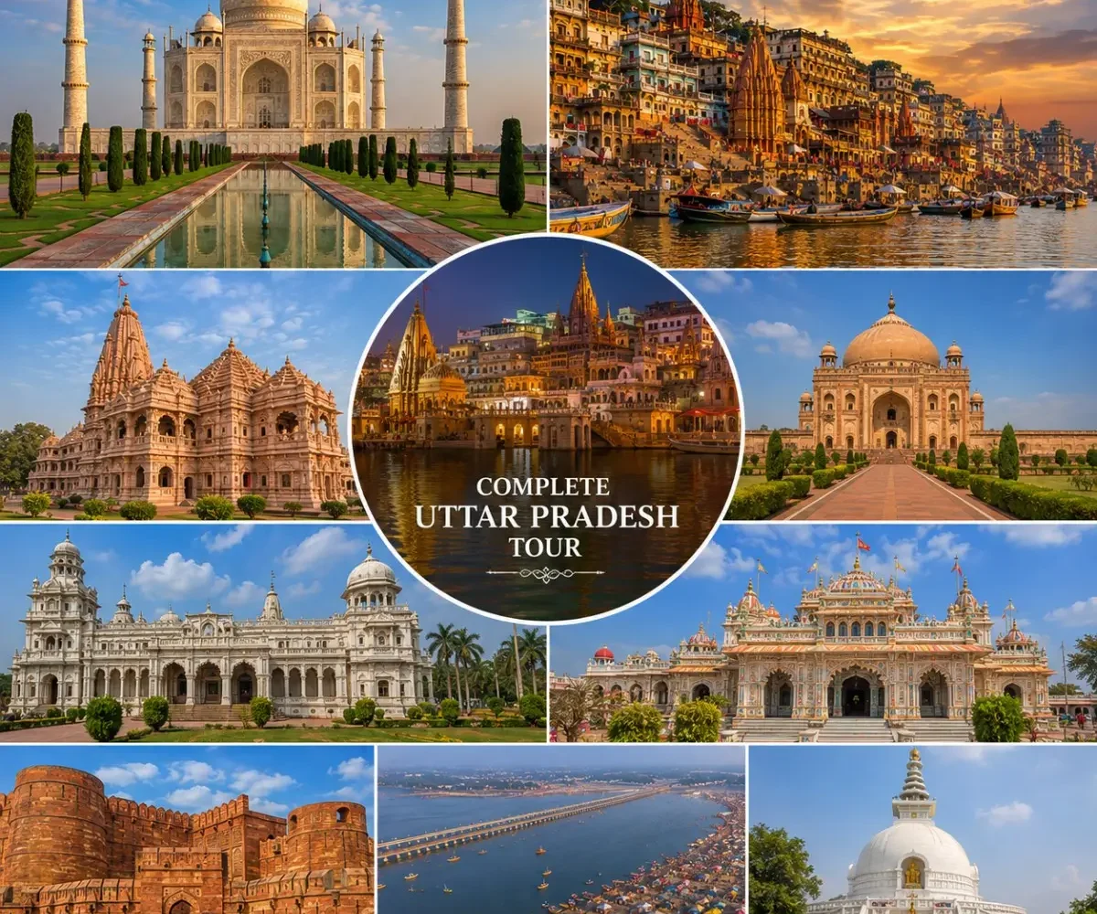 Complete Uttar Pradesh Tour Package featuring Kashi Vishwanath Temple, Shri Ram Janmabhoomi Mandir, Taj Mahal, Bara Imambara, Prem Mandir and Triveni Sangam.