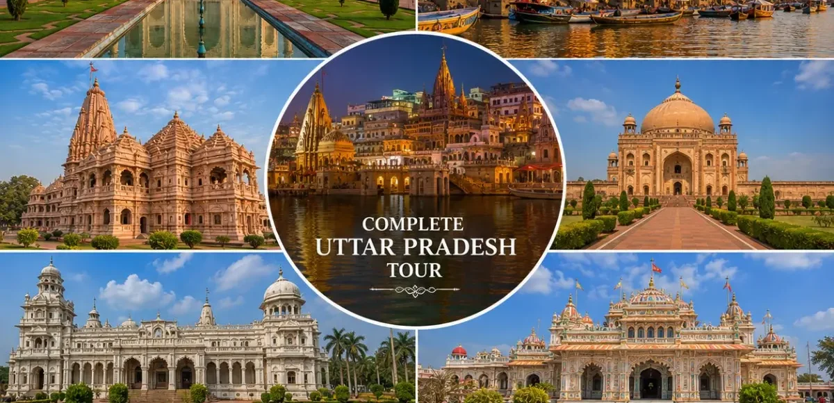 Complete Uttar Pradesh Tour Package featuring Kashi Vishwanath Temple, Shri Ram Janmabhoomi Mandir, Taj Mahal, Bara Imambara, Prem Mandir and Triveni Sangam.