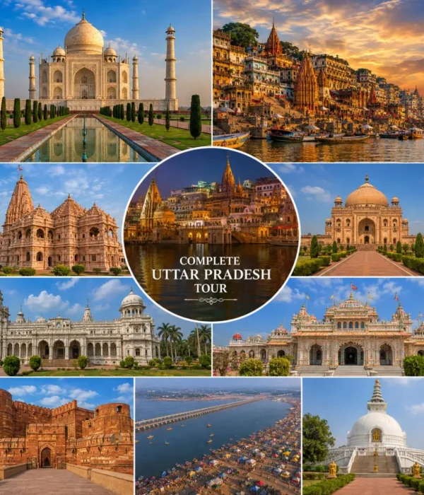 Complete Uttar Pradesh Tour Package featuring Kashi Vishwanath Temple, Shri Ram Janmabhoomi Mandir, Taj Mahal, Bara Imambara, Prem Mandir and Triveni Sangam.
