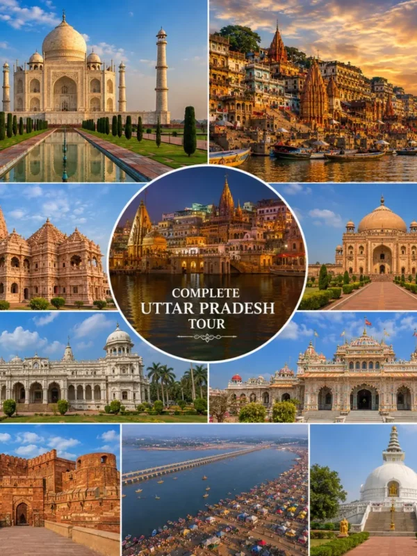 Complete Uttar Pradesh Tour Package featuring Kashi Vishwanath Temple, Shri Ram Janmabhoomi Mandir, Taj Mahal, Bara Imambara, Prem Mandir and Triveni Sangam.