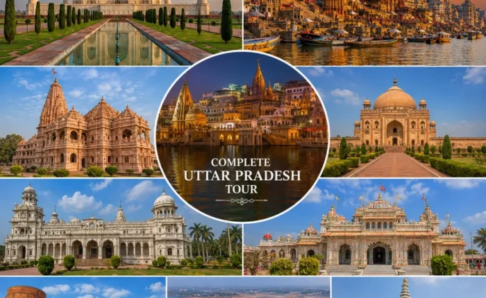 Complete Uttar Pradesh Tour Package featuring Kashi Vishwanath Temple, Shri Ram Janmabhoomi Mandir, Taj Mahal, Bara Imambara, Prem Mandir and Triveni Sangam.