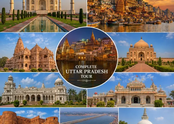 Complete Uttar Pradesh Tour Package featuring Kashi Vishwanath Temple, Shri Ram Janmabhoomi Mandir, Taj Mahal, Bara Imambara, Prem Mandir and Triveni Sangam.