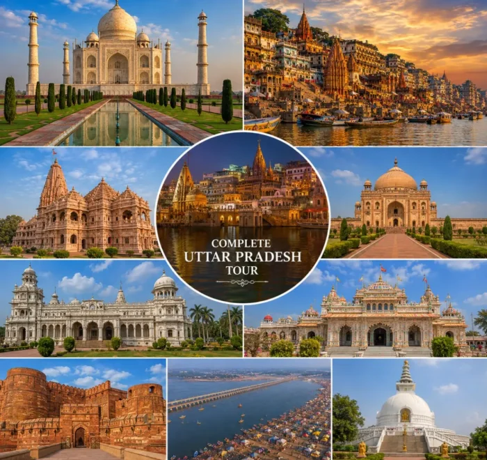 Complete Uttar Pradesh Tour Package featuring Kashi Vishwanath Temple, Shri Ram Janmabhoomi Mandir, Taj Mahal, Bara Imambara, Prem Mandir and Triveni Sangam.
