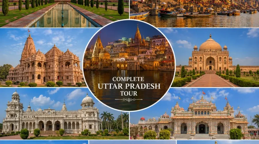 Complete Uttar Pradesh Tour Package featuring Kashi Vishwanath Temple, Shri Ram Janmabhoomi Mandir, Taj Mahal, Bara Imambara, Prem Mandir and Triveni Sangam.