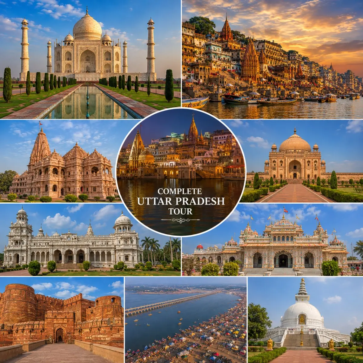 Complete Uttar Pradesh Tour Package featuring Kashi Vishwanath Temple, Shri Ram Janmabhoomi Mandir, Taj Mahal, Bara Imambara, Prem Mandir and Triveni Sangam.