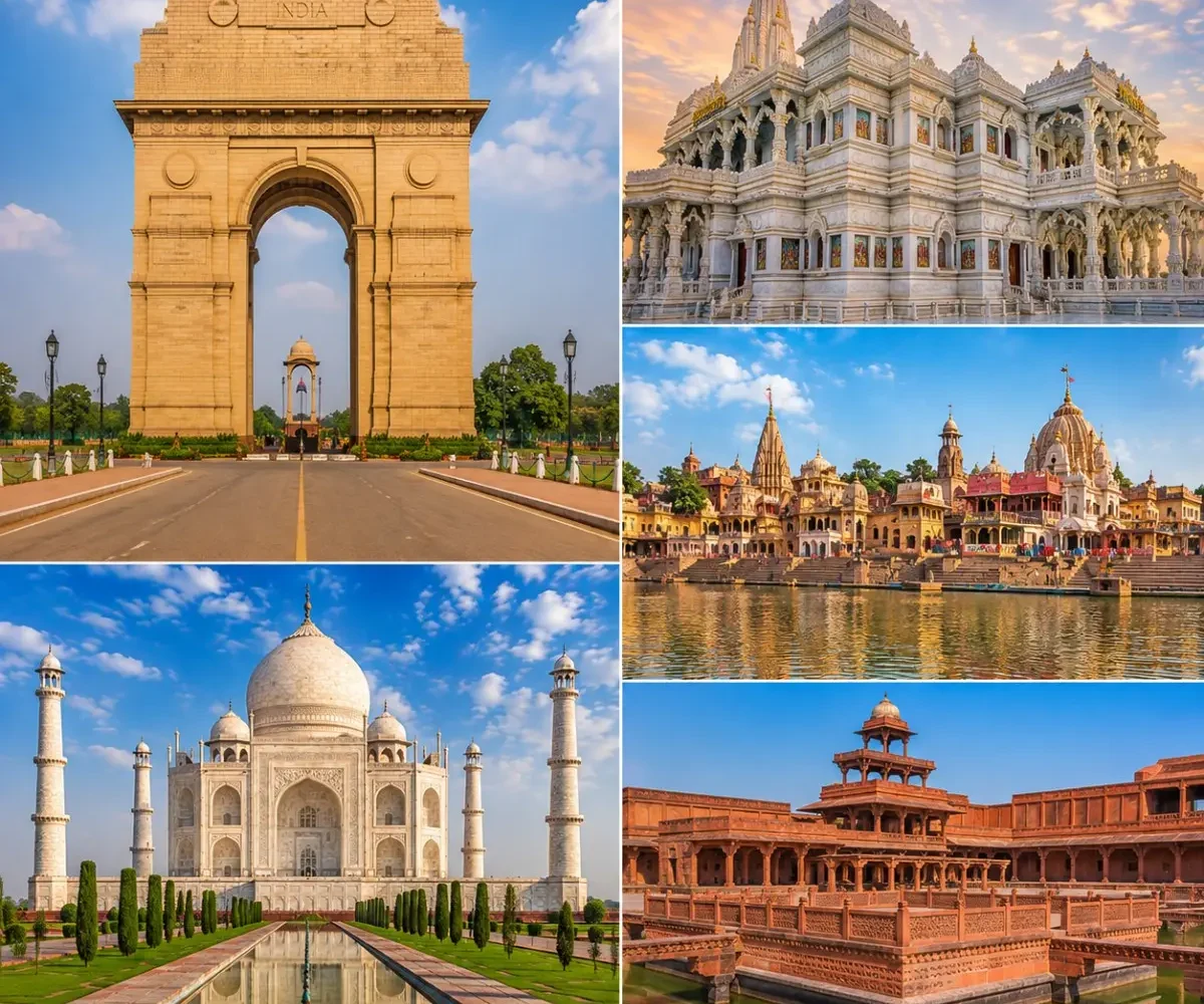 Delhi Mathura Vrindavan Agra Tour Package featuring India Gate, Shri Krishna Janmabhoomi, Prem Mandir, Taj Mahal and Fatehpur Sikri.