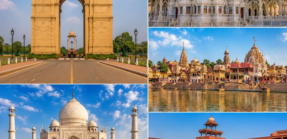 Delhi Mathura Vrindavan Agra Tour Package featuring India Gate, Shri Krishna Janmabhoomi, Prem Mandir, Taj Mahal and Fatehpur Sikri.