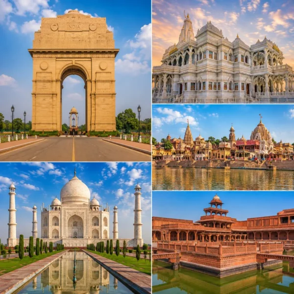 Delhi Mathura Vrindavan Agra Tour Package featuring India Gate, Shri Krishna Janmabhoomi, Prem Mandir, Taj Mahal and Fatehpur Sikri.