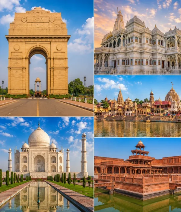 Delhi Mathura Vrindavan Agra Tour Package featuring India Gate, Shri Krishna Janmabhoomi, Prem Mandir, Taj Mahal and Fatehpur Sikri.