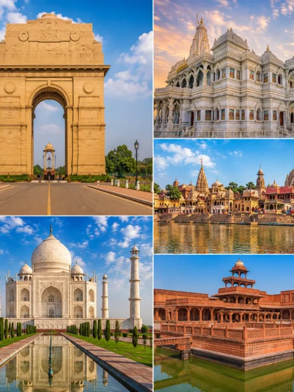 Delhi Mathura Vrindavan Agra Tour Package featuring India Gate, Shri Krishna Janmabhoomi, Prem Mandir, Taj Mahal and Fatehpur Sikri.