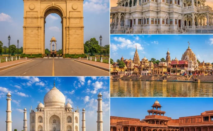 Delhi Mathura Vrindavan Agra Tour Package featuring India Gate, Shri Krishna Janmabhoomi, Prem Mandir, Taj Mahal and Fatehpur Sikri.