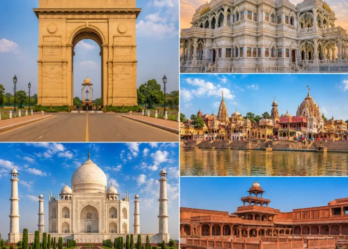 Delhi Mathura Vrindavan Agra Tour Package featuring India Gate, Shri Krishna Janmabhoomi, Prem Mandir, Taj Mahal and Fatehpur Sikri.