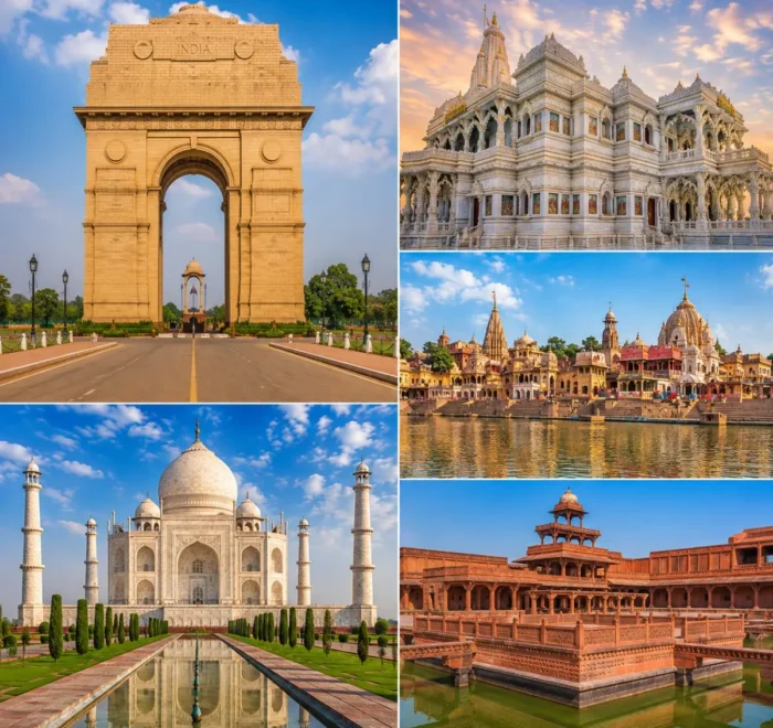 Delhi Mathura Vrindavan Agra Tour Package featuring India Gate, Shri Krishna Janmabhoomi, Prem Mandir, Taj Mahal and Fatehpur Sikri.