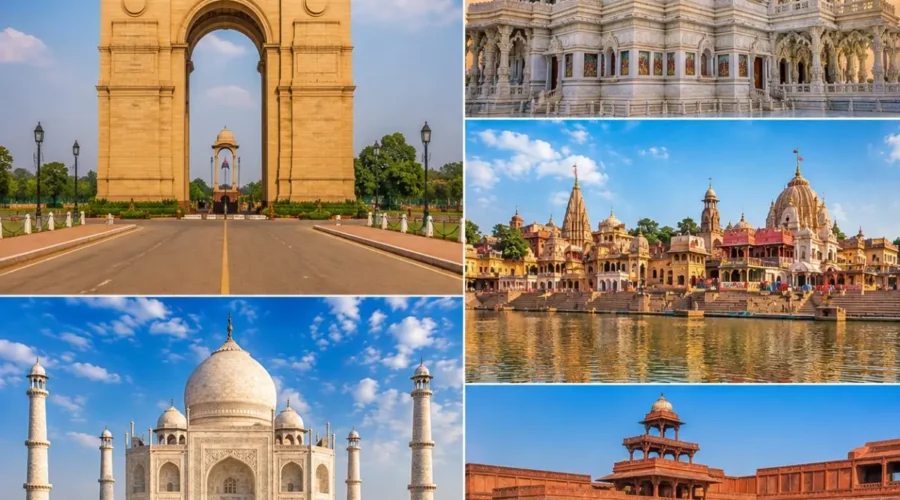 Delhi Mathura Vrindavan Agra Tour Package featuring India Gate, Shri Krishna Janmabhoomi, Prem Mandir, Taj Mahal and Fatehpur Sikri.