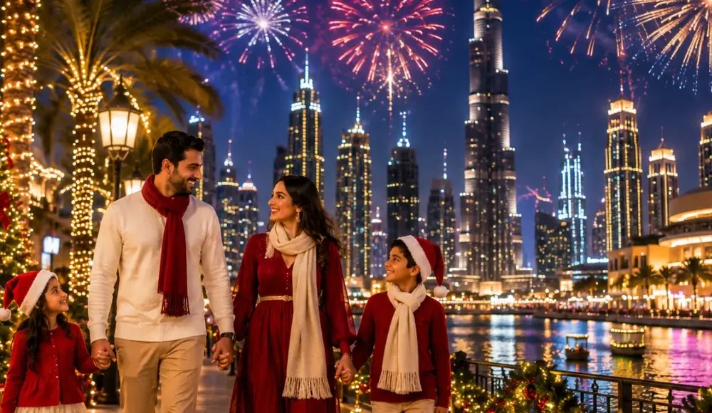 Dubai Christmas and New Year Special Tour Package featuring Burj Khalifa, Dubai Marina, festive lights, Desert Safari and luxury holiday experiences.