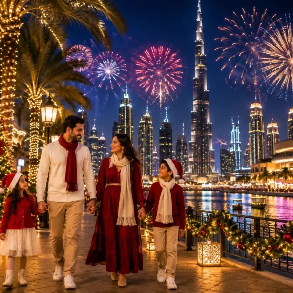 Dubai Christmas and New Year Special Tour Package featuring Burj Khalifa, Dubai Marina, festive lights, Desert Safari and luxury holiday experiences.