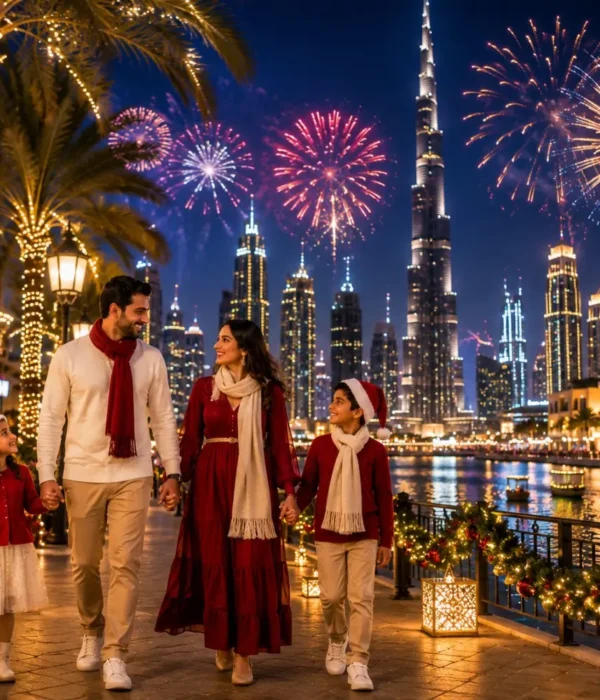 Dubai Christmas and New Year Special Tour Package featuring Burj Khalifa, Dubai Marina, festive lights, Desert Safari and luxury holiday experiences.