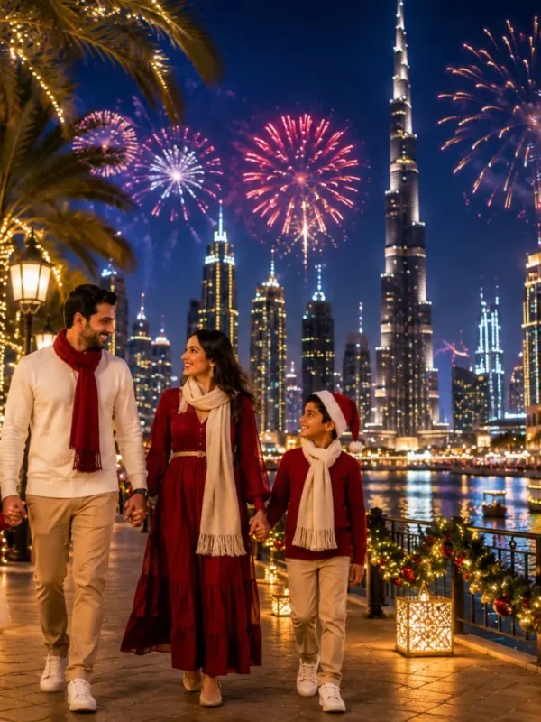 Dubai Christmas and New Year Special Tour Package featuring Burj Khalifa, Dubai Marina, festive lights, Desert Safari and luxury holiday experiences.