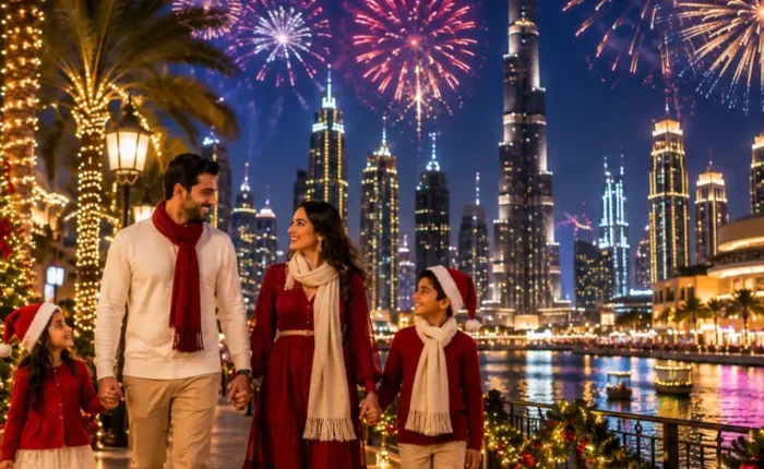 Dubai Christmas and New Year Special Tour Package featuring Burj Khalifa, Dubai Marina, festive lights, Desert Safari and luxury holiday experiences.