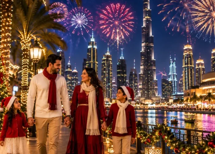 Dubai Christmas and New Year Special Tour Package featuring Burj Khalifa, Dubai Marina, festive lights, Desert Safari and luxury holiday experiences.