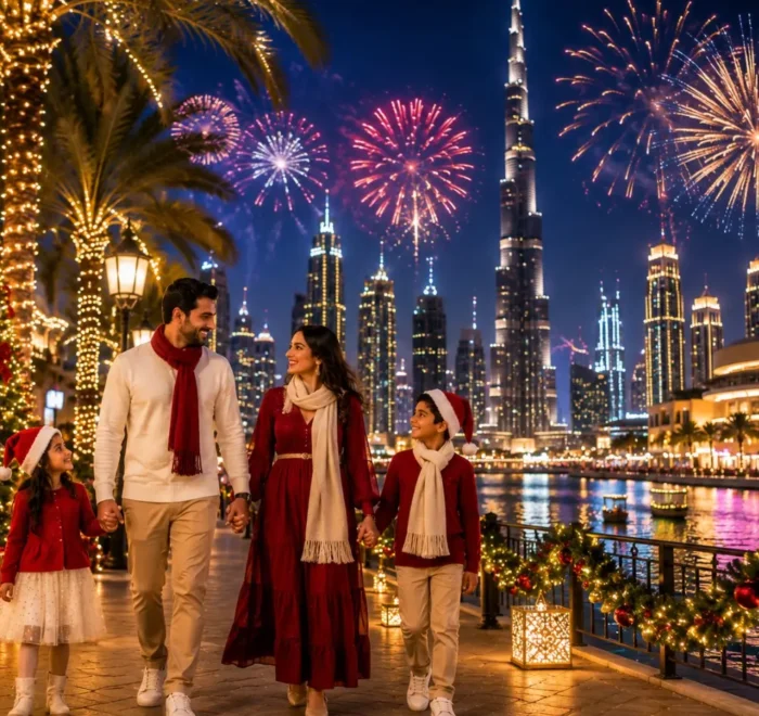 Dubai Christmas and New Year Special Tour Package featuring Burj Khalifa, Dubai Marina, festive lights, Desert Safari and luxury holiday experiences.
