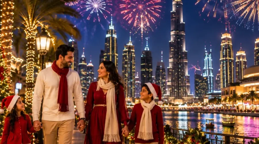 Dubai Christmas and New Year Special Tour Package featuring Burj Khalifa, Dubai Marina, festive lights, Desert Safari and luxury holiday experiences.