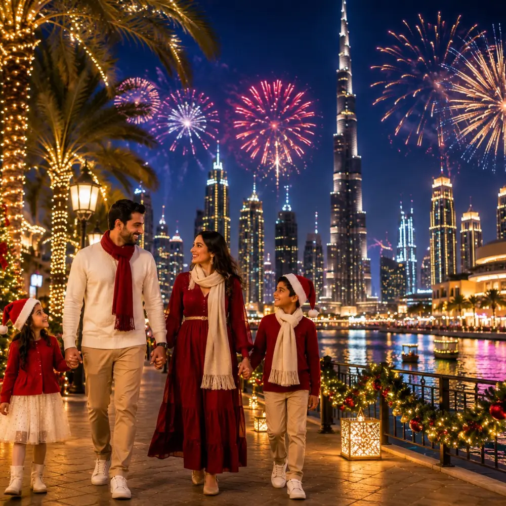 Dubai Christmas and New Year Special Tour Package featuring Burj Khalifa, Dubai Marina, festive lights, Desert Safari and luxury holiday experiences.