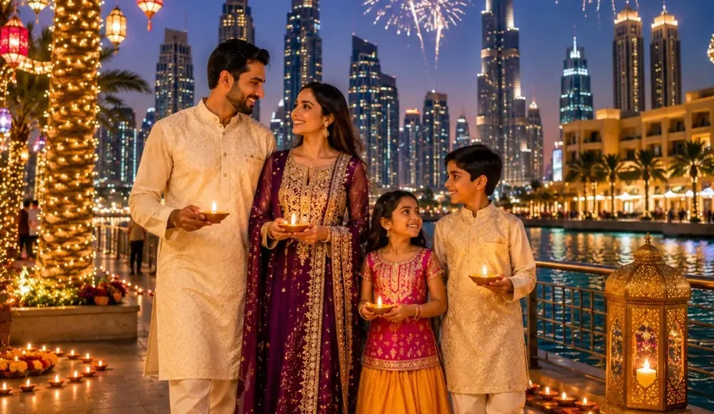 Dubai Diwali Special Tour Package featuring Burj Khalifa, Dubai Marina, Desert Safari, luxury hotels and festive holiday experiences.