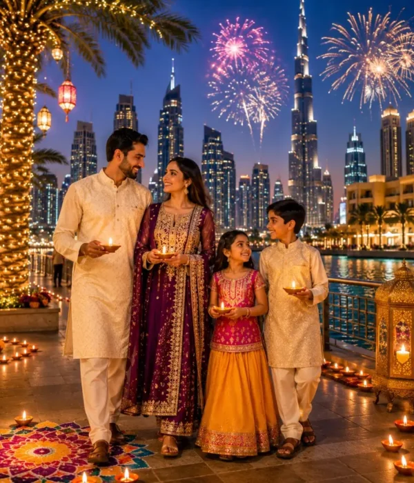Dubai Diwali Special Tour Package featuring Burj Khalifa, Dubai Marina, Desert Safari, luxury hotels and festive holiday experiences.