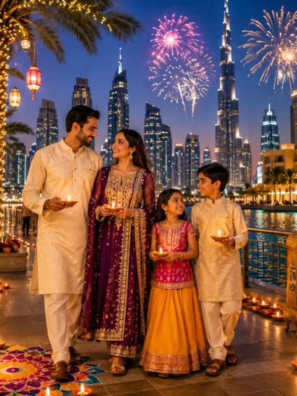 Dubai Diwali Special Tour Package featuring Burj Khalifa, Dubai Marina, Desert Safari, luxury hotels and festive holiday experiences.