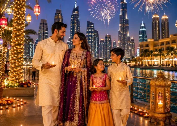 Dubai Diwali Special Tour Package featuring Burj Khalifa, Dubai Marina, Desert Safari, luxury hotels and festive holiday experiences.