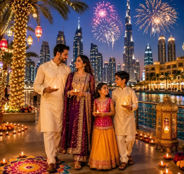Dubai Diwali Special Tour Package featuring Burj Khalifa, Dubai Marina, Desert Safari, luxury hotels and festive holiday experiences.