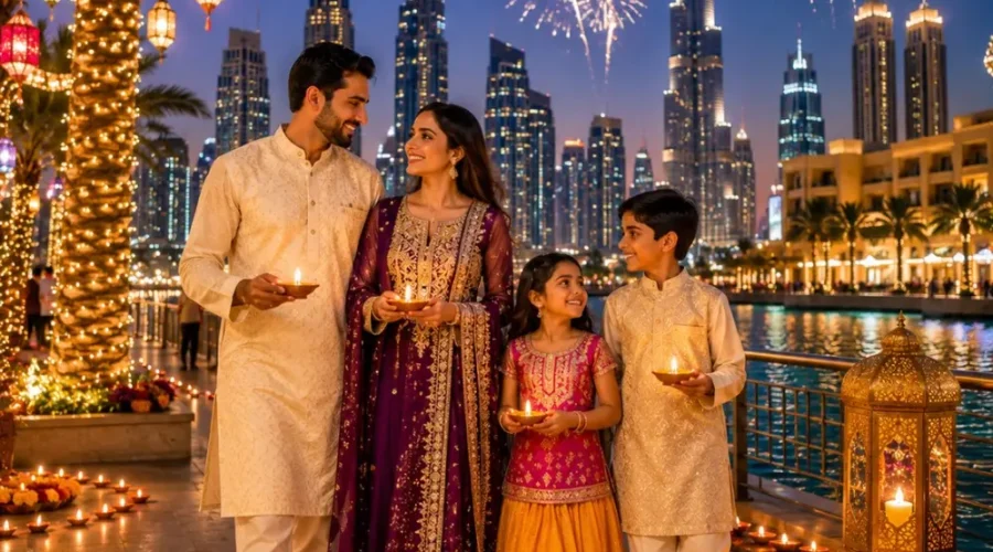 Dubai Diwali Special Tour Package featuring Burj Khalifa, Dubai Marina, Desert Safari, luxury hotels and festive holiday experiences.