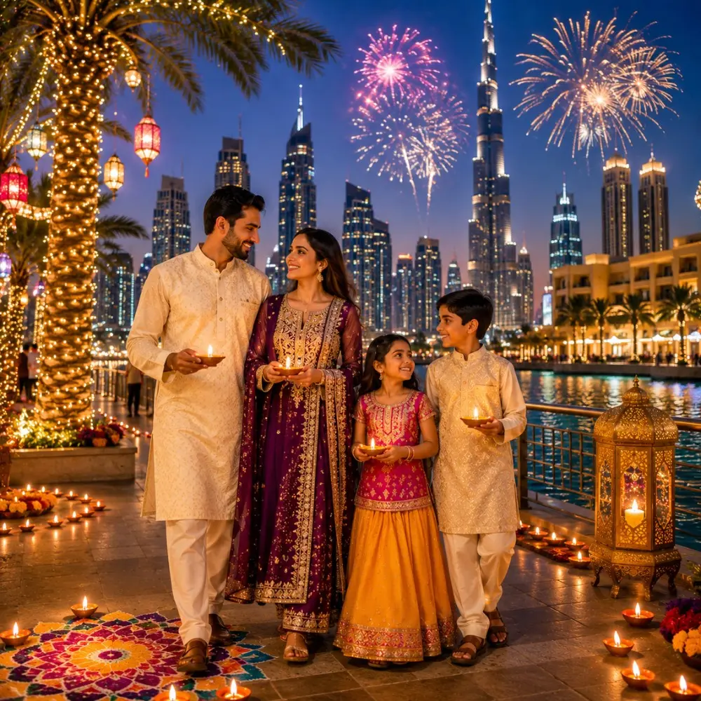 Dubai Diwali Special Tour Package featuring Burj Khalifa, Dubai Marina, Desert Safari, luxury hotels and festive holiday experiences.