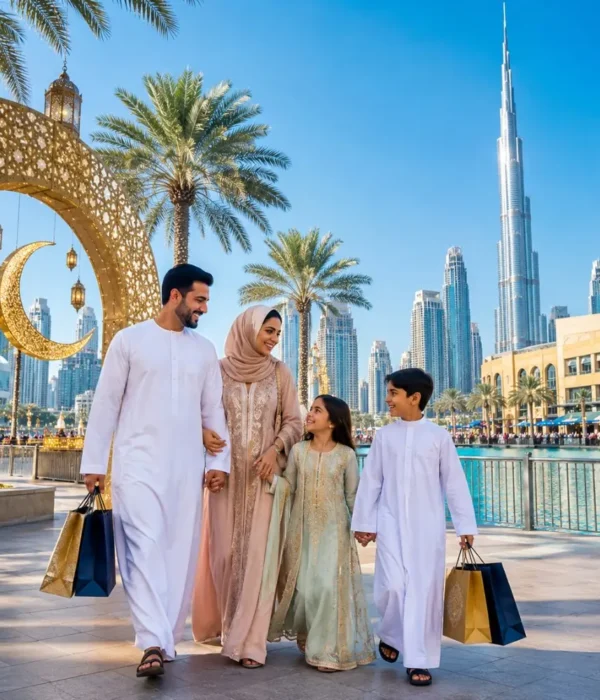 Dubai Eid Getaway Tour Package featuring Burj Khalifa, Dubai Marina, desert safari, luxury hotels and festive holiday experiences.