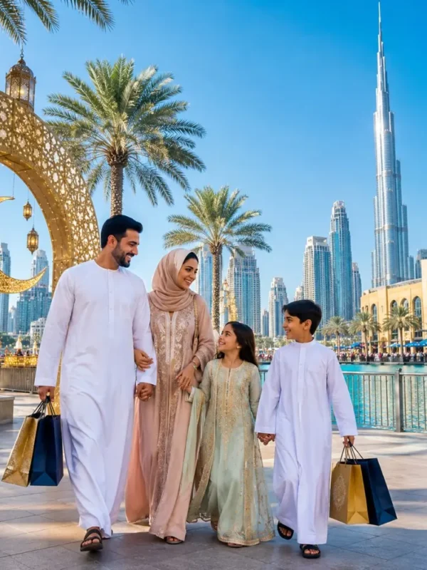 Dubai Eid Getaway Tour Package featuring Burj Khalifa, Dubai Marina, desert safari, luxury hotels and festive holiday experiences.