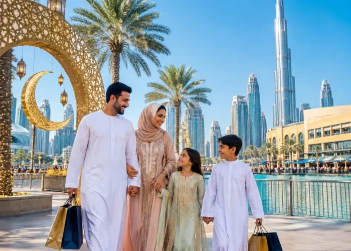 Dubai Eid Getaway Tour Package featuring Burj Khalifa, Dubai Marina, desert safari, luxury hotels and festive holiday experiences.