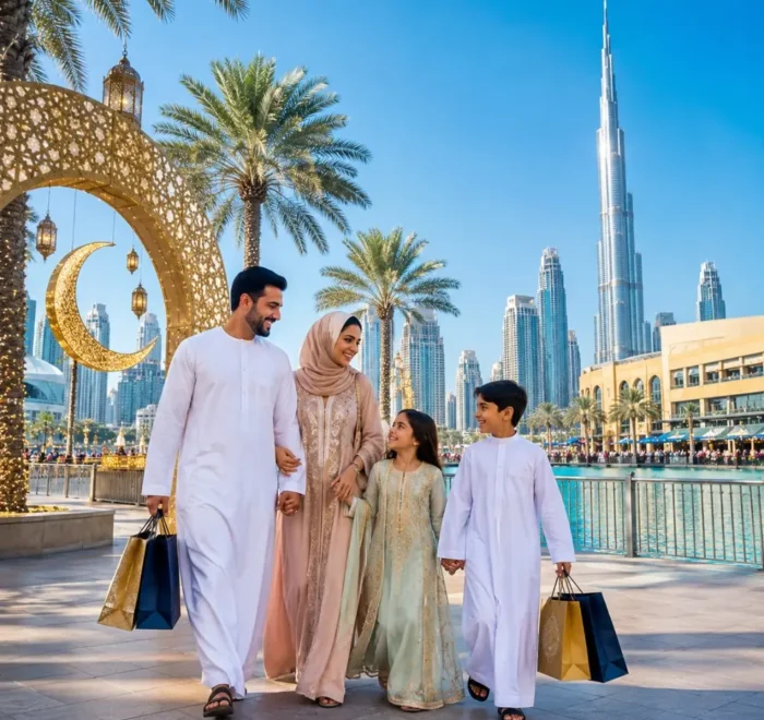 Dubai Eid Getaway Tour Package featuring Burj Khalifa, Dubai Marina, desert safari, luxury hotels and festive holiday experiences.