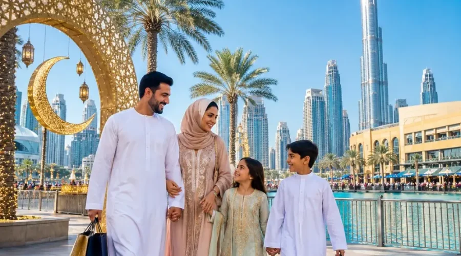 Dubai Eid Getaway Tour Package featuring Burj Khalifa, Dubai Marina, desert safari, luxury hotels and festive holiday experiences.