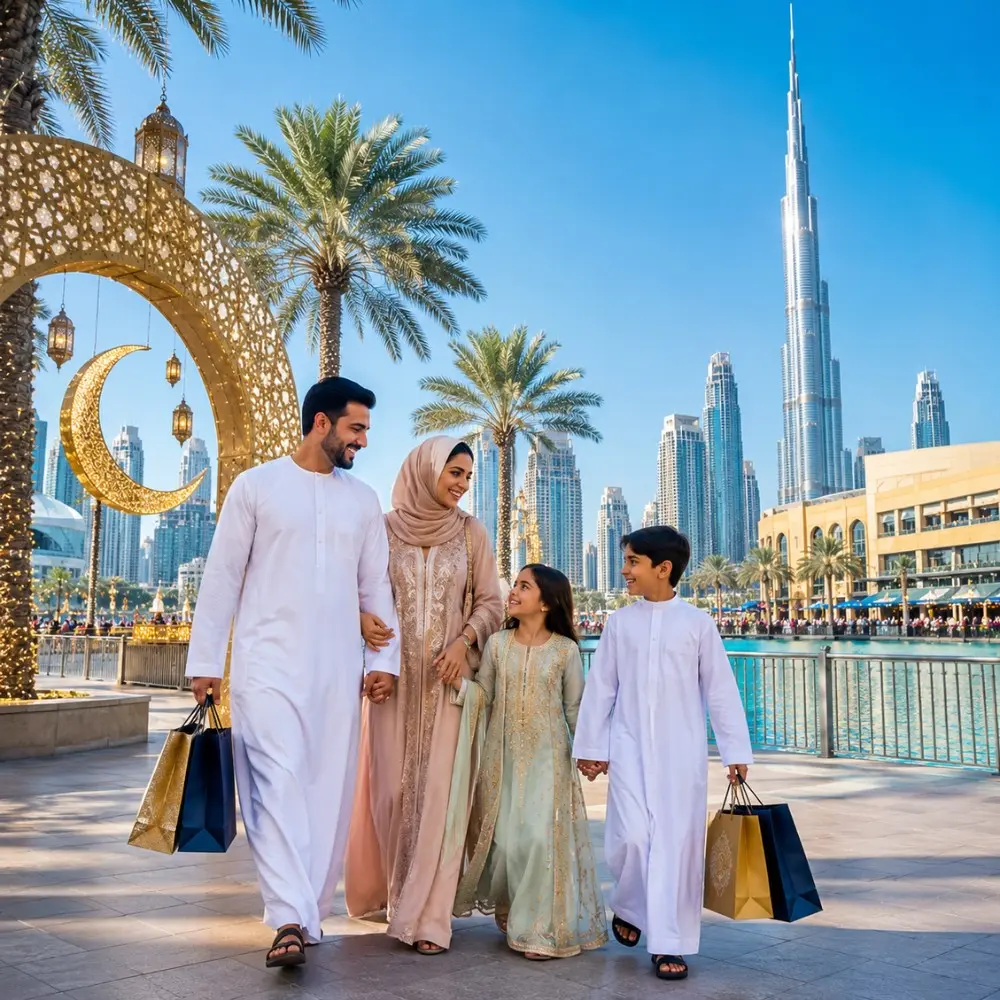 Dubai Eid Getaway Tour Package featuring Burj Khalifa, Dubai Marina, desert safari, luxury hotels and festive holiday experiences.