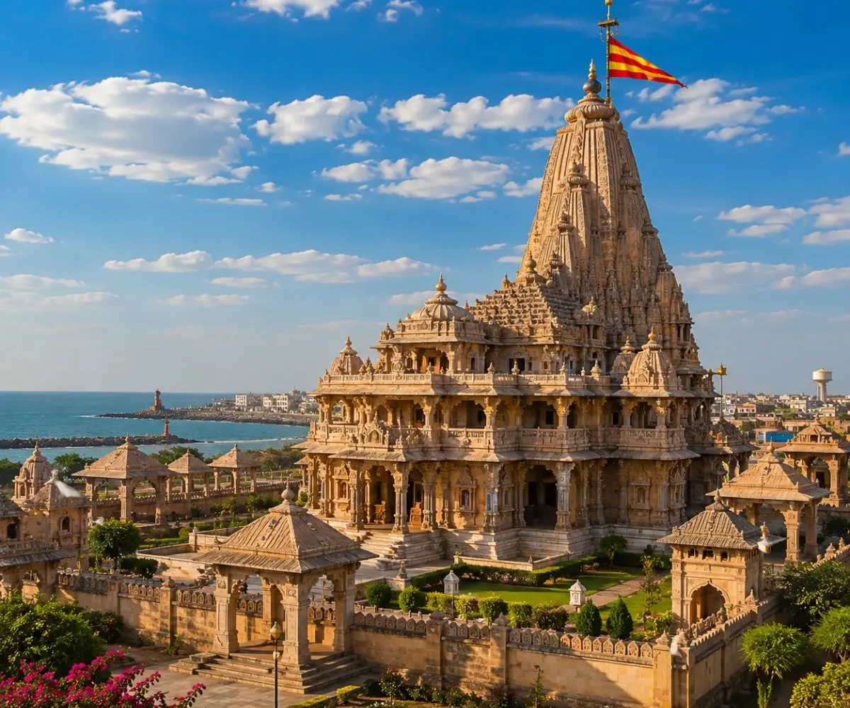 Dwarka Porbandar Somnath Tour Package featuring Dwarkadhish Temple, Kirti Mandir Porbandar, Somnath Temple, Bet Dwarka and Nageshwar Jyotirlinga.