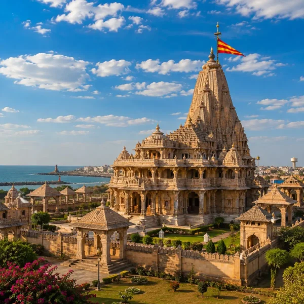 Dwarka Porbandar Somnath Tour Package featuring Dwarkadhish Temple, Kirti Mandir Porbandar, Somnath Temple, Bet Dwarka and Nageshwar Jyotirlinga.