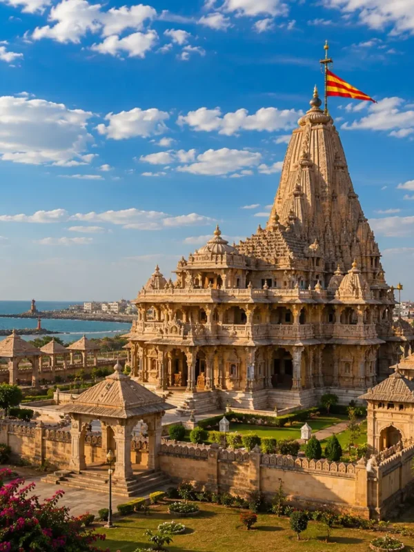 Dwarka Porbandar Somnath Tour Package featuring Dwarkadhish Temple, Kirti Mandir Porbandar, Somnath Temple, Bet Dwarka and Nageshwar Jyotirlinga.