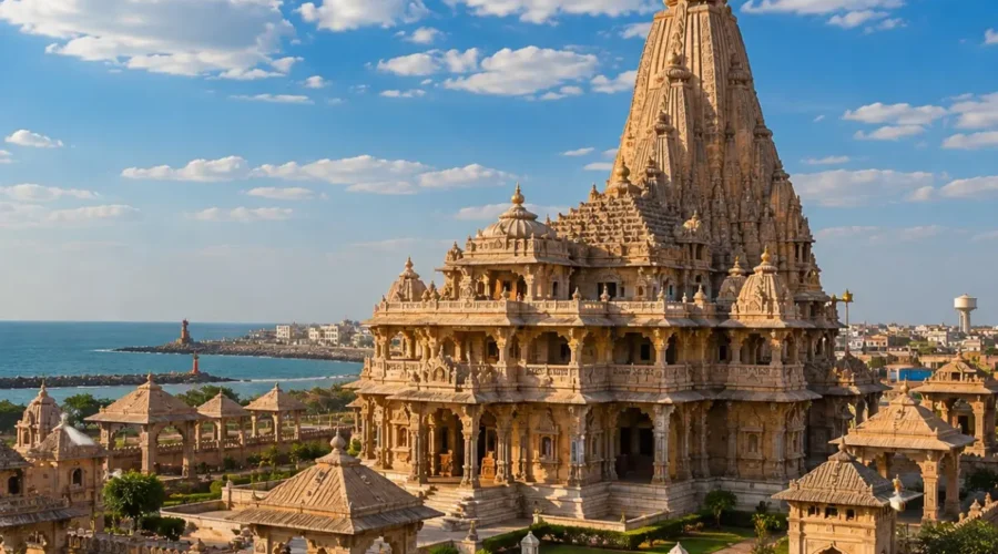 Dwarka Porbandar Somnath Tour Package featuring Dwarkadhish Temple, Kirti Mandir Porbandar, Somnath Temple, Bet Dwarka and Nageshwar Jyotirlinga.