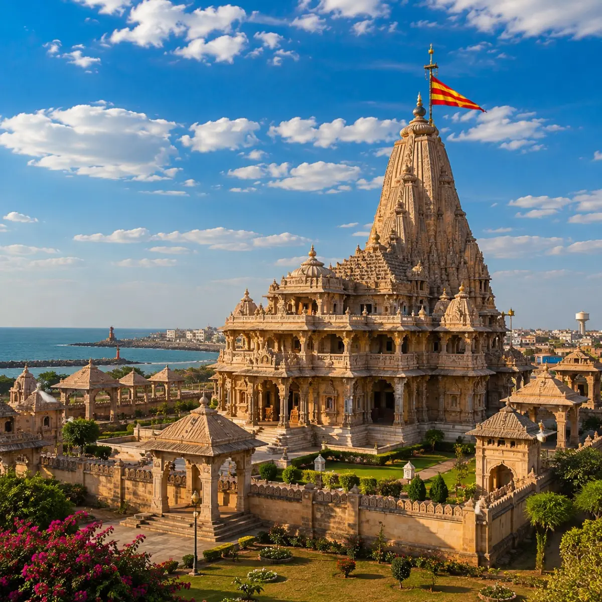Dwarka Porbandar Somnath Tour Package featuring Dwarkadhish Temple, Kirti Mandir Porbandar, Somnath Temple, Bet Dwarka and Nageshwar Jyotirlinga.