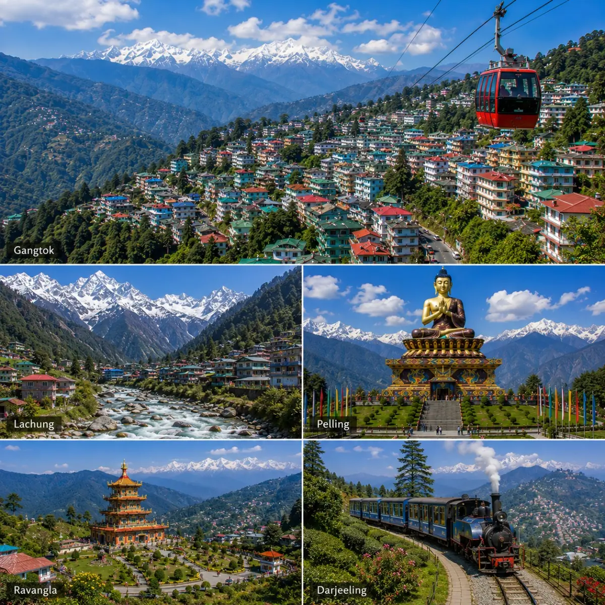 Gangtok Lachung Pelling Darjeeling Tour Package featuring Tsomgo Lake, Yumthang Valley, Pelling Skywalk, Tiger Hill and Mount Kanchenjunga.