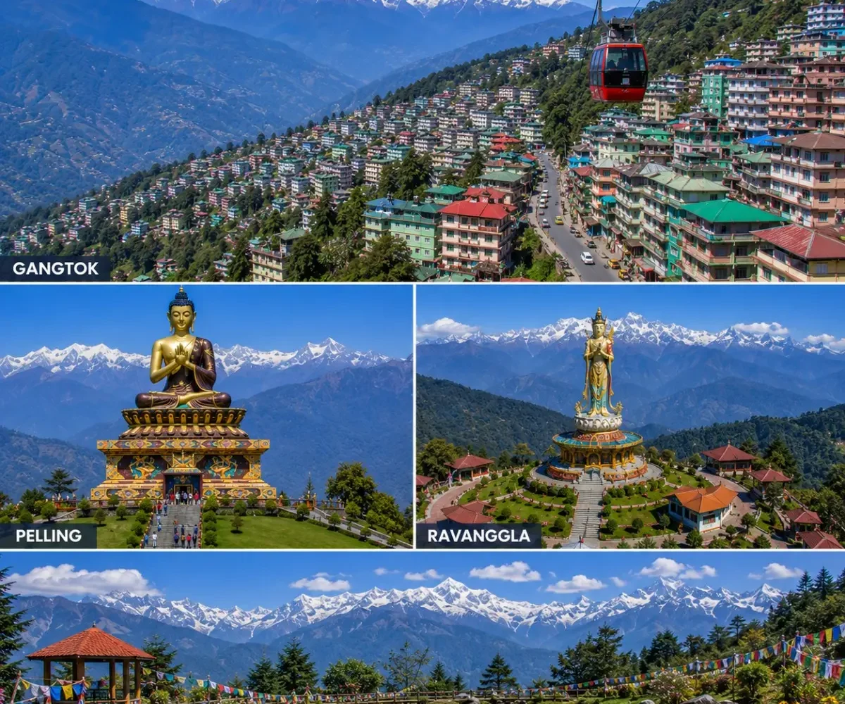 Gangtok Pelling Ravangla Tour Package featuring Tsomgo Lake, Pelling Skywalk, Buddha Park Ravangla, Rumtek Monastery and Mount Kanchenjunga.