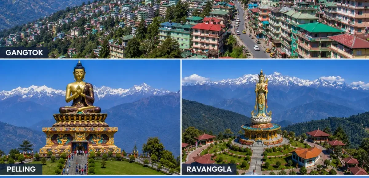 Gangtok Pelling Ravangla Tour Package featuring Tsomgo Lake, Pelling Skywalk, Buddha Park Ravangla, Rumtek Monastery and Mount Kanchenjunga.