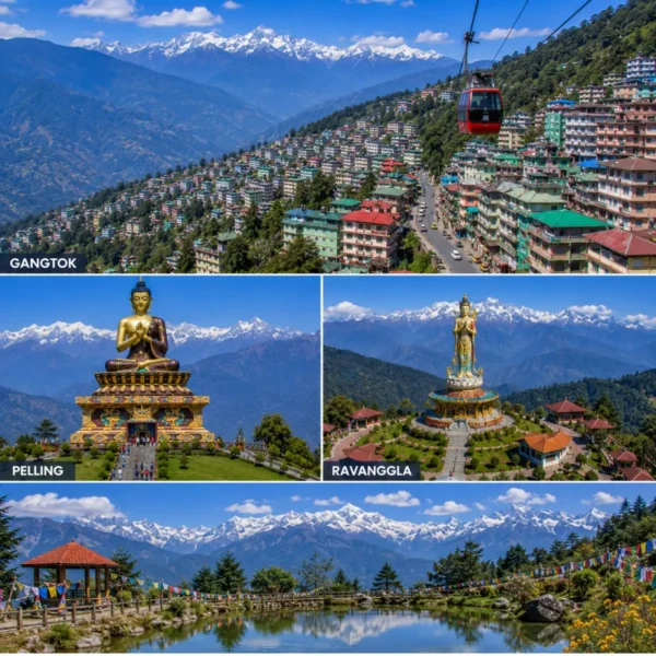 Gangtok Pelling Ravangla Tour Package featuring Tsomgo Lake, Pelling Skywalk, Buddha Park Ravangla, Rumtek Monastery and Mount Kanchenjunga.