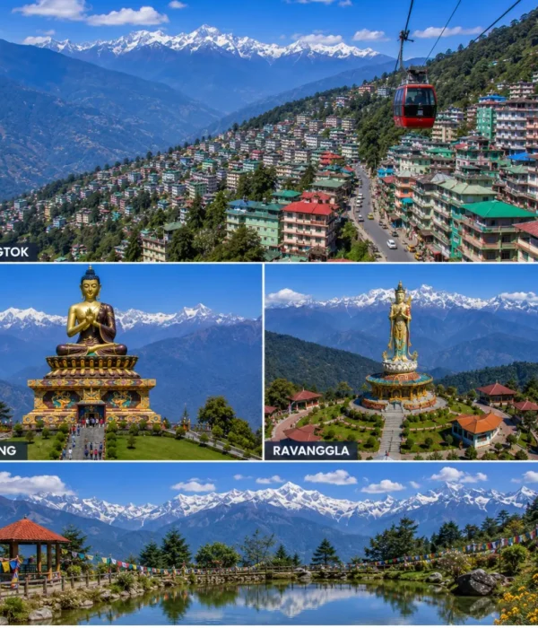 Gangtok Pelling Ravangla Tour Package featuring Tsomgo Lake, Pelling Skywalk, Buddha Park Ravangla, Rumtek Monastery and Mount Kanchenjunga.